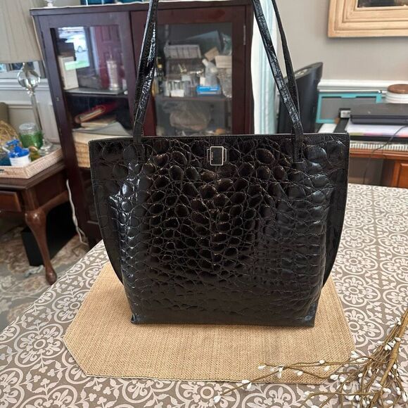 FURLA Black Croc Embossed LeatherTurnlock Tote Shoulder BagVintage Made in Italy - Picture 1 of 14